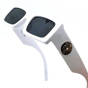 Square Men Sunglasses White Frame Black Lens Gold 100% UV Protection Street Wear
